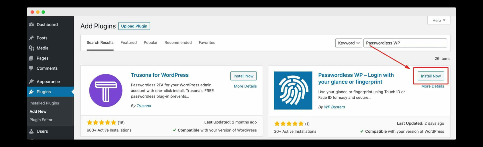 searching for the "passwordless wp" plugin on wordpress
